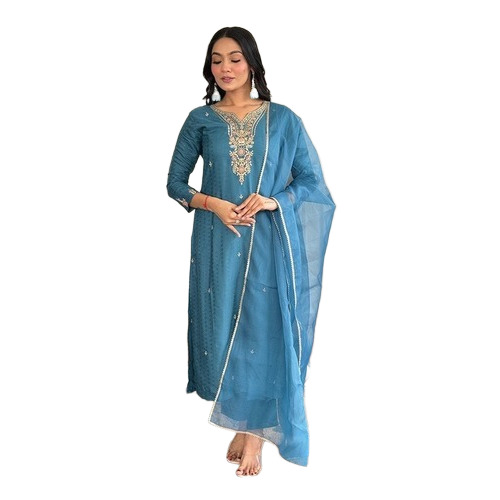 Rama Blue Embroidered Viscose Blend Kurta Set - Design: Traditional