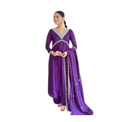 Embroidered Vichitra Silk Kurta Set - Color: Purple