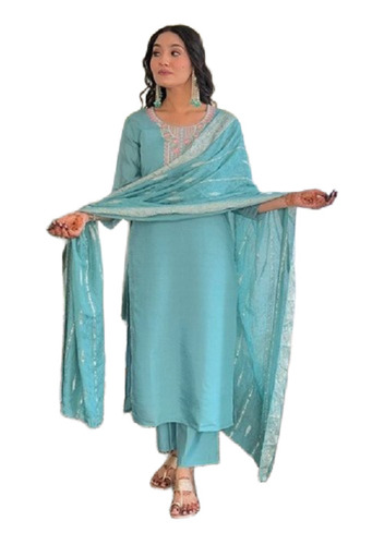 Chanaderi Sky Blue Embroidered Kurta Pant Set