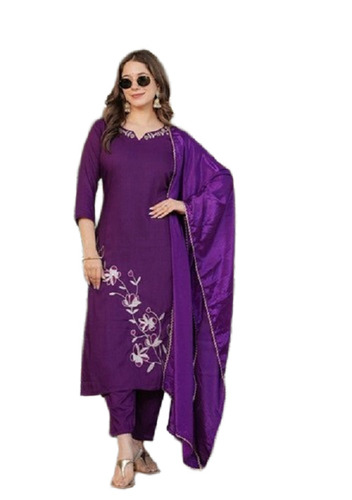 Purple Embroidered Viscose Kurta Pant Set