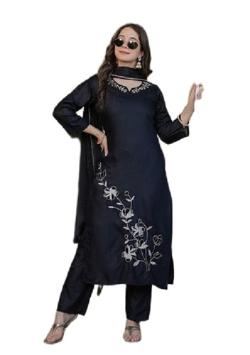 Rayon Black Thread Embroidered Viscose Kurta Set - Design: Traditional