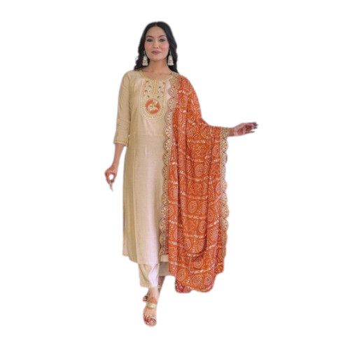 Beige Embroidered Viscose Kurta Set