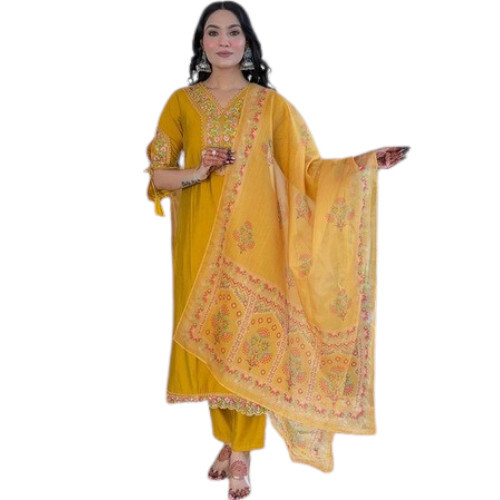 Yellow Mustard Embroidered Viscose Kurta Set