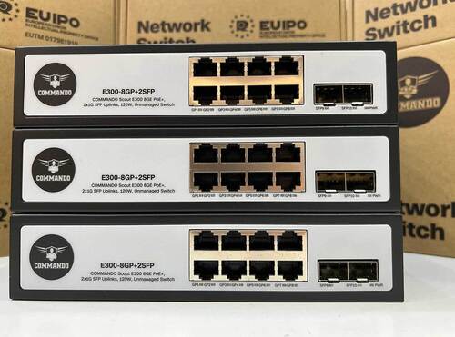 E300-8Gp+2Sfp Commando Scout E300 8Ge Full Poe/Poe+2Sfp Uplinks 130W Unmanaged Switch - Color: Black