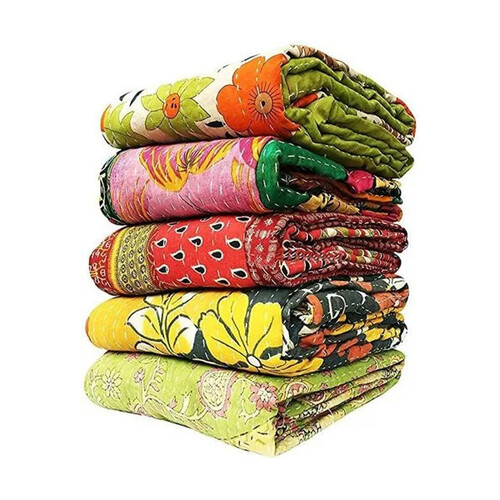 Handmade Indian Kantha Cotton Throw Quilt - Pattern: Printed