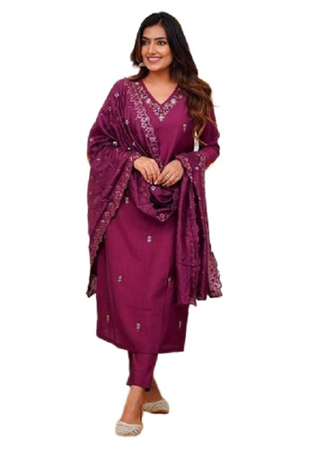 Purple Embroidered Viscose Kurta Set - Design: Traditional