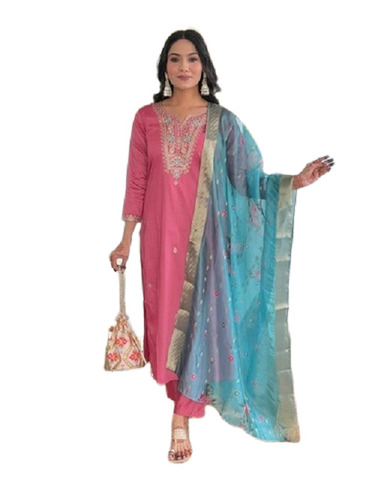 Womens Viscose Silk Embroidered Straight Kurta with Pant and Dupatta Sets