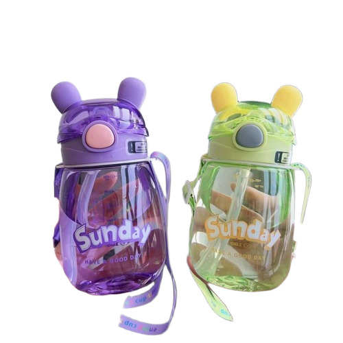 Cute Bear Water Bottle For Kids 650Ml With Straw And Strap - Color: Pink