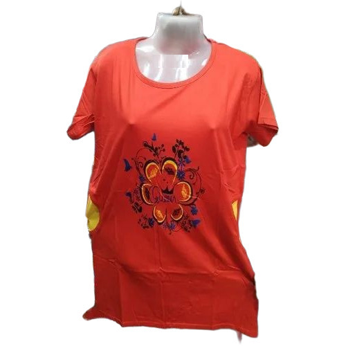 Casual Wear Half Sleeves Ladies Round Neck Printed Rayon Top - Color: Red