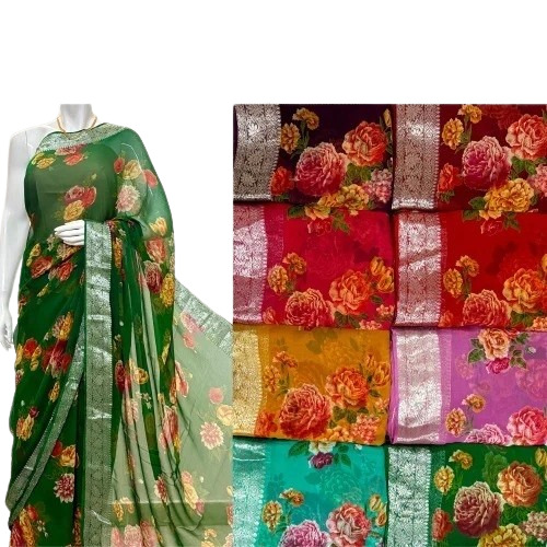 Pure Chiffon Bananas Border Print Saree