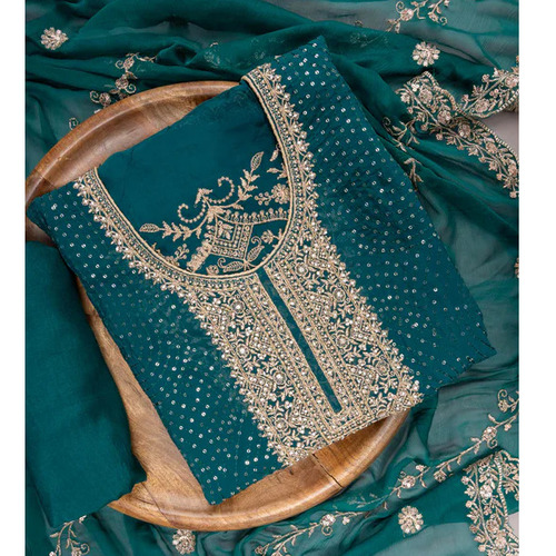 Bottle Green Organza Unstitched Suit