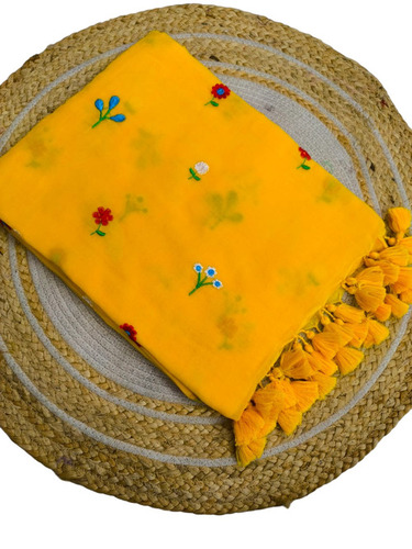 Embroidered Pure Mul Cotton Saree - Color: Yellow