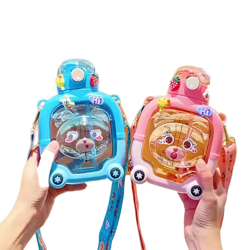 High Quality 1000Ml Kids Bear Water Bottle With Straw And Strap - Color: Pink