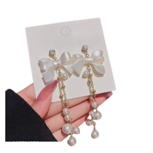 Ladies Bowknot Pearl Tassel Earrings