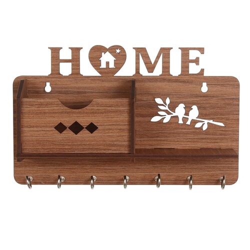 Wooden Wall Mounted Home Organizer with Key Hooks and Mail Holder