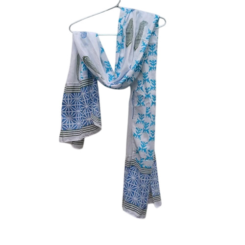 98 GSM Blue Bloom Border Handblock Printed Cotton Stole