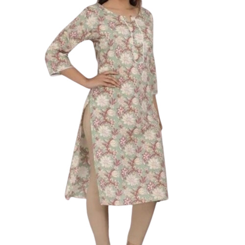 Women Round Neck Cotton Printed Kurti - Multi Color, Stitched | Anti-Wrinkle, Easy Wash, Shrink-Resistant, Washable