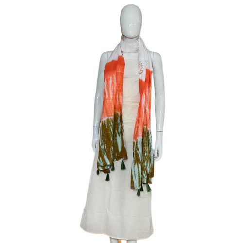Handcrafted Orange Green Hand Block Printed And Tie And Dye Mulmul Cotton Dupatta