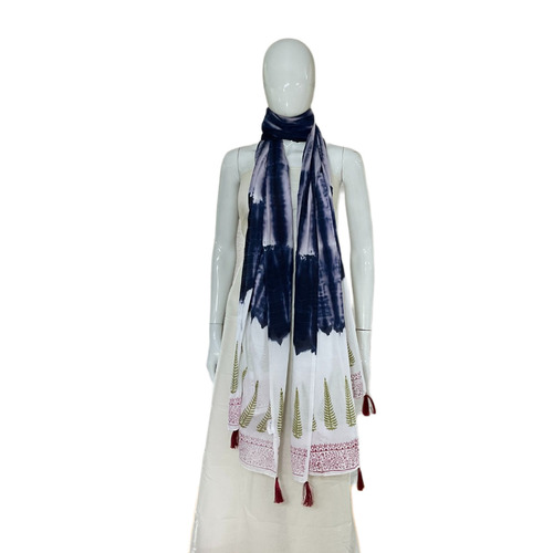 Elegance Blue White Hand Block Printed Tie And Dye Mulmul Cotton Dupatta