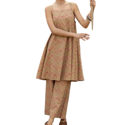 Women Beige Printed Cotton A-Line Kurti Set