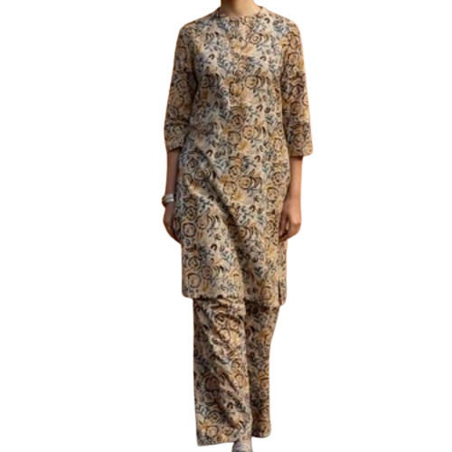 Womens Beige Floral Print Cotton Kurti Set - Short Sleeves, Regular Fit, Various Sizes | Breathable, Anti UV, Quick Dry, Washable, Elegant Design