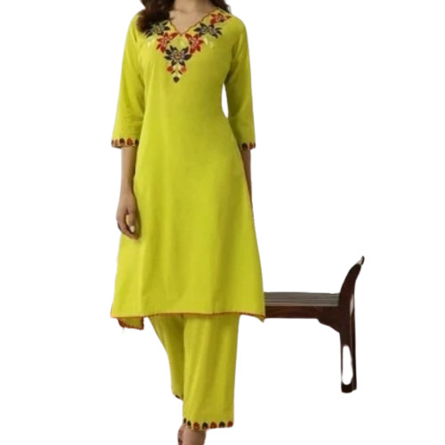 Womens Lime Yellow Cotton Flared Kurta Set