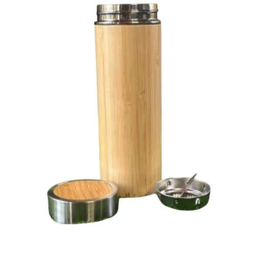 Brown Bamboo Water Bottle - Bamboo, 1 Ltr, Brown, Cylindrical | Leakproof, Narrow Flip Top, Crown Cap Sealing