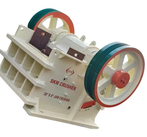 36x8 Inch Stone Crusher Machine - Manganese Steel Jaw Plates, White, 150 TPH Capacity, V-Belt Driven, Durable Metal
