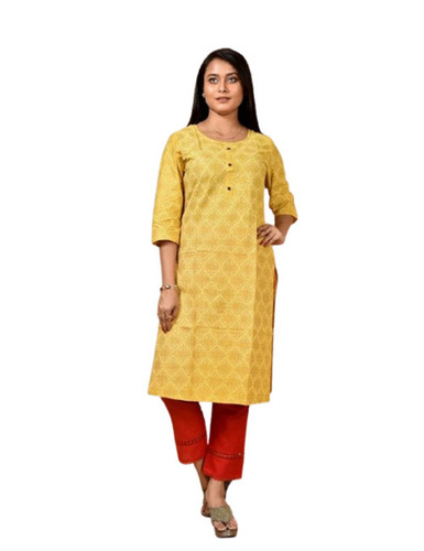 Casual Ladies Kurtis - Cotton, XS to XXXL Size, Yellow Color | Modern Design, 3/4 Sleeve, Breathable, Skin-Friendly, Quick Dry, Regular Fit