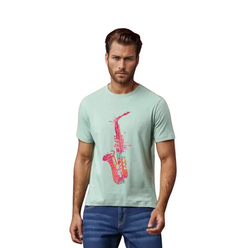 Sea Green Men Typography Round Neck Polyester T-Shirt - Age Group: Adult