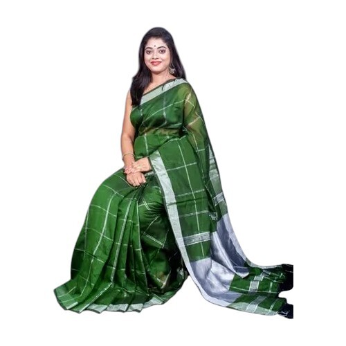 Green Cotton Silk Zari Checks Handloom Saree - Design: Standard