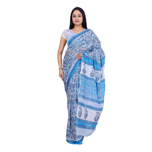 Handblock Printed Cotton Mulmul Saree - Color: White