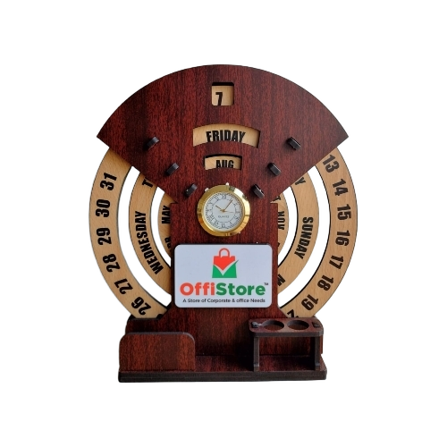Personalized Wooden Desk Calendar With Round Clock