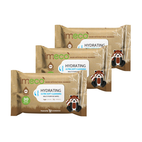 Imeco 30 Pulls 20X15 Cm Bamboo Aloe Vera Wet Wipes Ultra-Soft & Biodegradable (Pack Of 3) - Color: White