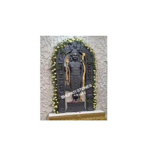 Divine Black Stone Ram Lalla Mural With Temple Arch & Gold Base