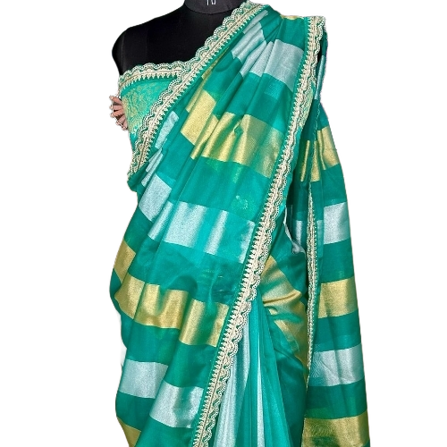 Banarasi Pure Kora Silk Saree - Handwoven Elegance, Intricate Weaving, Vibrant Green Color, Rich Texture, Lustrous Finish | Durable Silk for Spring & Summer