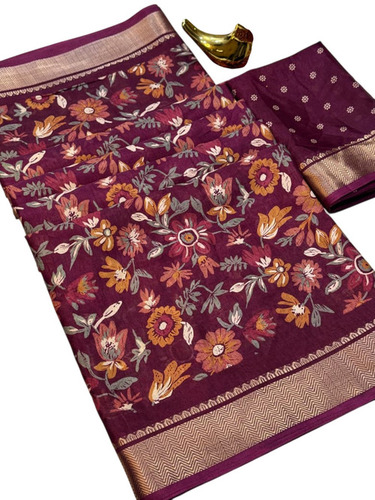 Beautiful Floral Print Dola Silk Saree With Zari Border - Occasion: Daily Wear