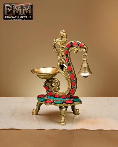 Antique Peacock Brass Diya With Bell - Design Type: Traditional