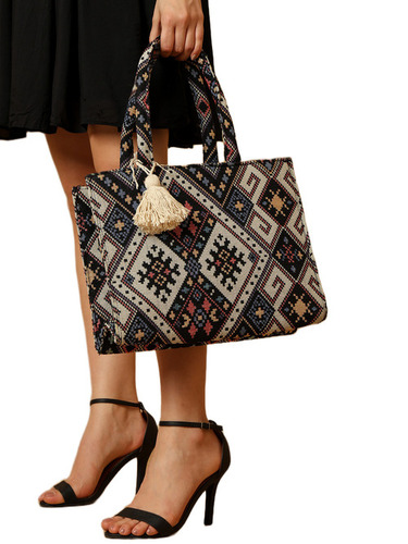 Bohemian Woven Geometric Pattern Tote Bag with Tassel