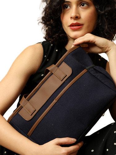 Insulated Blue Lunch Bag with Brown Straps