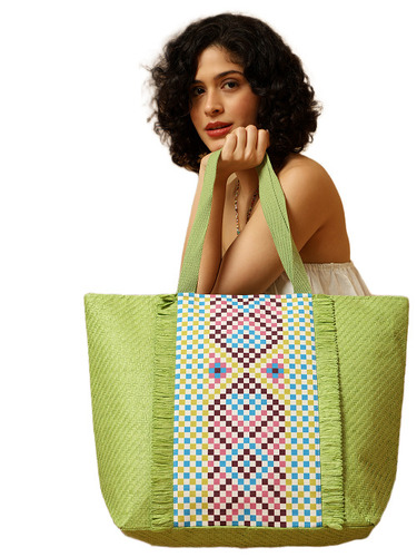 Ensac Square Paper Straw Beach Tote Bag For Women - Color: Green