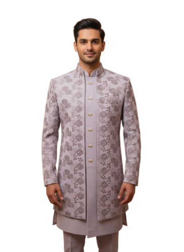 Elegant Mauve Art Silk Indo-Western Sherwani Set - Color: Purple