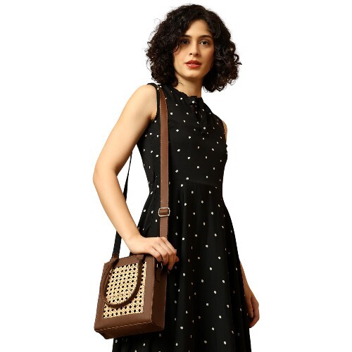 Boho Chic Brown Sling Bag with Natural Rattan Weave