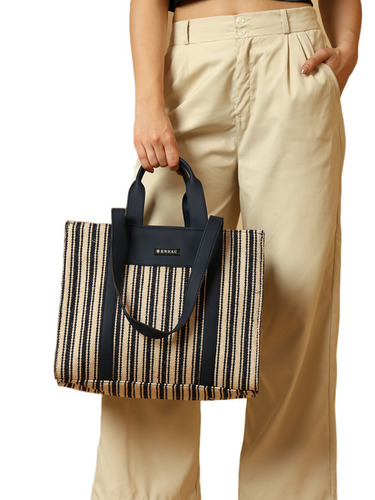 Nautical Striped Tote Bag with Navy Faux Leather Accents
