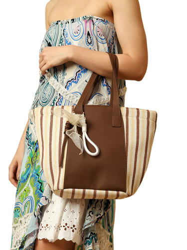 Striped Beach Tote Bag with Brown Accents