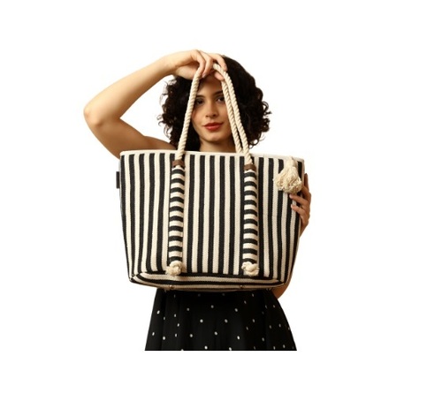 Nautical Striped Canvas Tote Bag With Rope Handles - Weight: 670 Grams (G)