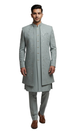 Dove Grey Embroidered Indo-Western Sherwani - Gender: Men