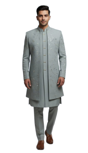 Elegant Grey Embroidered Sherwani Set - Design: Hand Work