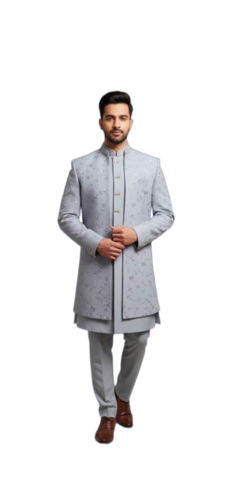 Grey Jacquard Silk Indo-Western Sherwani - Application: Wedding Wear