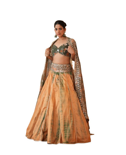 Olive Green Tie And Dye Lehenga With Printed Blouse And Dupatta - Ethnic Region: Indian
